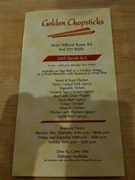 Golden chopsticks columbus menu - Got a question about Golden Chopsticks Buffet? Ask the Yelp community! See all 2 questions. ... Columbus, OH. 321. 3847. 3969. Jul 29, 2023. It's okay for a buffet. I ... 